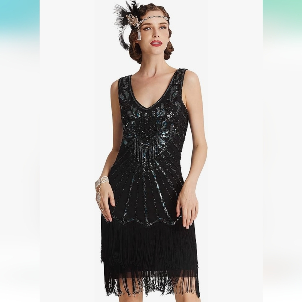 Elegant Black Sequin Flapper Dress 1920s Great Gatsby Style - Picture 11 of 16